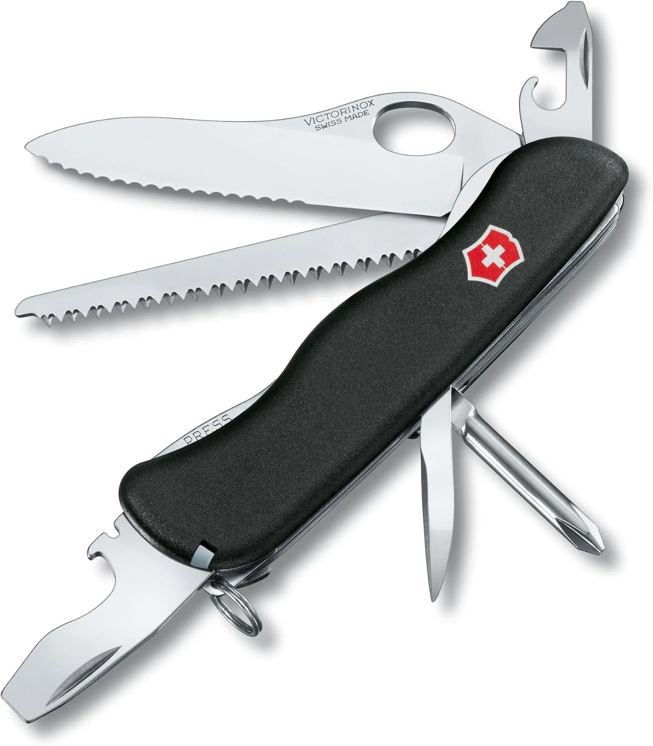 Victorinox One-Hand Trekker Swiss Army Knife, 12 Function Swiss Made Pocket Knife with Large Serrated Blade, Bottle Opener and Wood Saw - Black