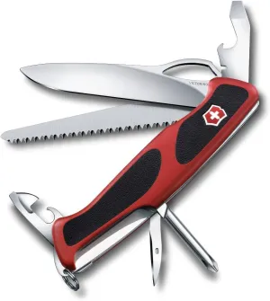 Victorinox Ranger 78 M Grip Swiss Army Knife, 12 Functions, Swiss Made Pocket Knife with Large Lock Blade, Tweezers and Wood Saw - Red/Black