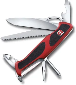 Victorinox Ranger 78 M Grip Swiss Army Knife, 12 Functions, Swiss Made Pocket Knife with Large Lock Blade, Tweezers and Wood Saw - Red/Black