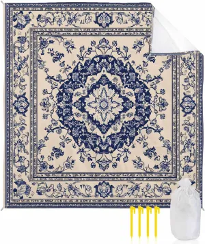 Vintage Beach Blanket Waterproof Sandproof 83"x79", Bohemian Classical Flowers Oversized Beach Mat with 4 Corner Sand Pocket & 4 Stakes, Compact Outdoor Picnic Mat for Camping Travel Festivals