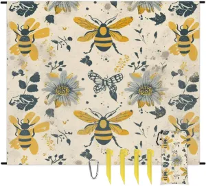Vintage Bee Beach Blanket, Sandproof Beach Mat, Adults Waterproof Quick Drying Sand Free Mat with 4 x Ground Spikes for Outdoor Travel Camping Hiking, Wild Flower Floral