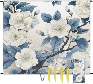 Vintage Floral Beach Blanket, Sandproof Beach Mat, 68 x 59 Waterproof Quick Drying Sand Free Mat with 4 x Ground Spikes for Outdoor Travel Camping Hiking, White Flower