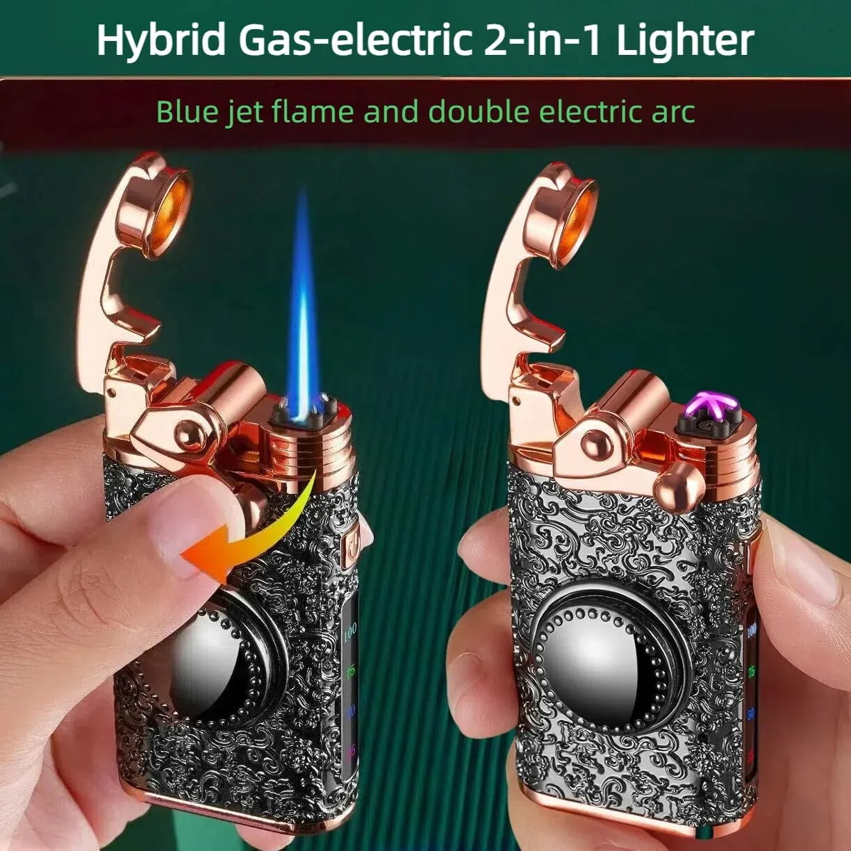 Vintage Rocker Butane Torch Lighter Dual Arc Plasma Lighter 2 in 1, USB Lighter, Electric Lighters Rechargeable, Windproof Jet Blue Flame Refillable Lighters (Fuel Not Included) (Black)