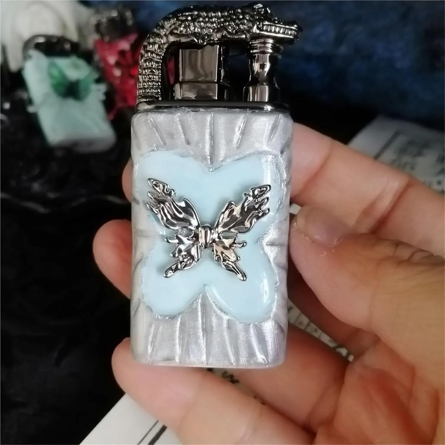 Vintage Style Dual Flame Butane Lighter - Handmade Embossed Butterfly Metal, Windproof Refillable and Adjustable for Candles, Home, Gifts (Fuel Not Included)(Blue2)