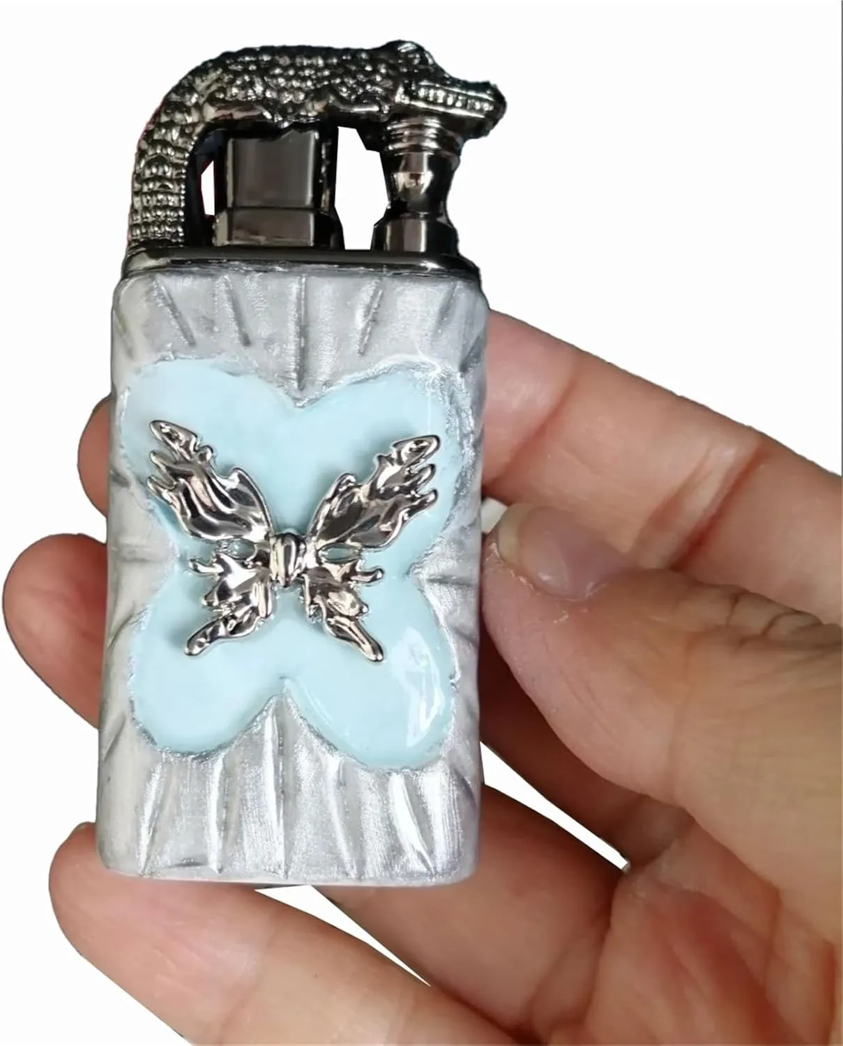 Vintage Style Dual Flame Butane Lighter - Handmade Embossed Butterfly Metal, Windproof Refillable and Adjustable for Candles, Home, Gifts (Fuel Not Included)(Blue2)