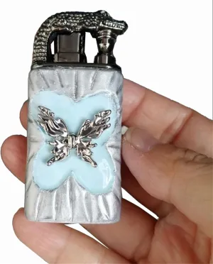Vintage Style Dual Flame Butane Lighter - Handmade Embossed Butterfly Metal, Windproof Refillable and Adjustable for Candles, Home, Gifts (Fuel Not Included)(Blue2)
