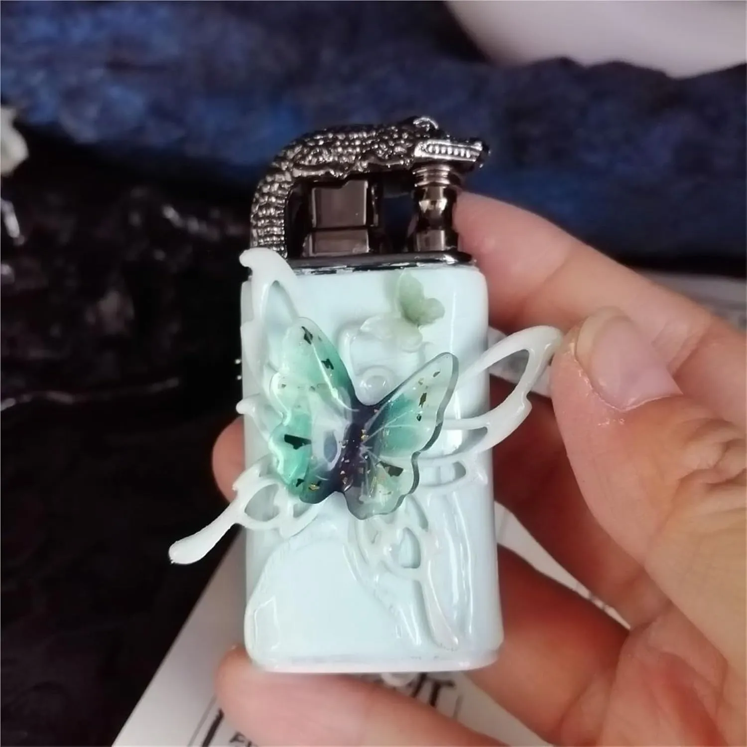 Vintage Style Dual Flame Butane Lighter - Handmade Embossed Butterfly Metal, Windproof Refillable and Adjustable for Candles, Home, Gifts (Fuel Not Included)(Blue2)