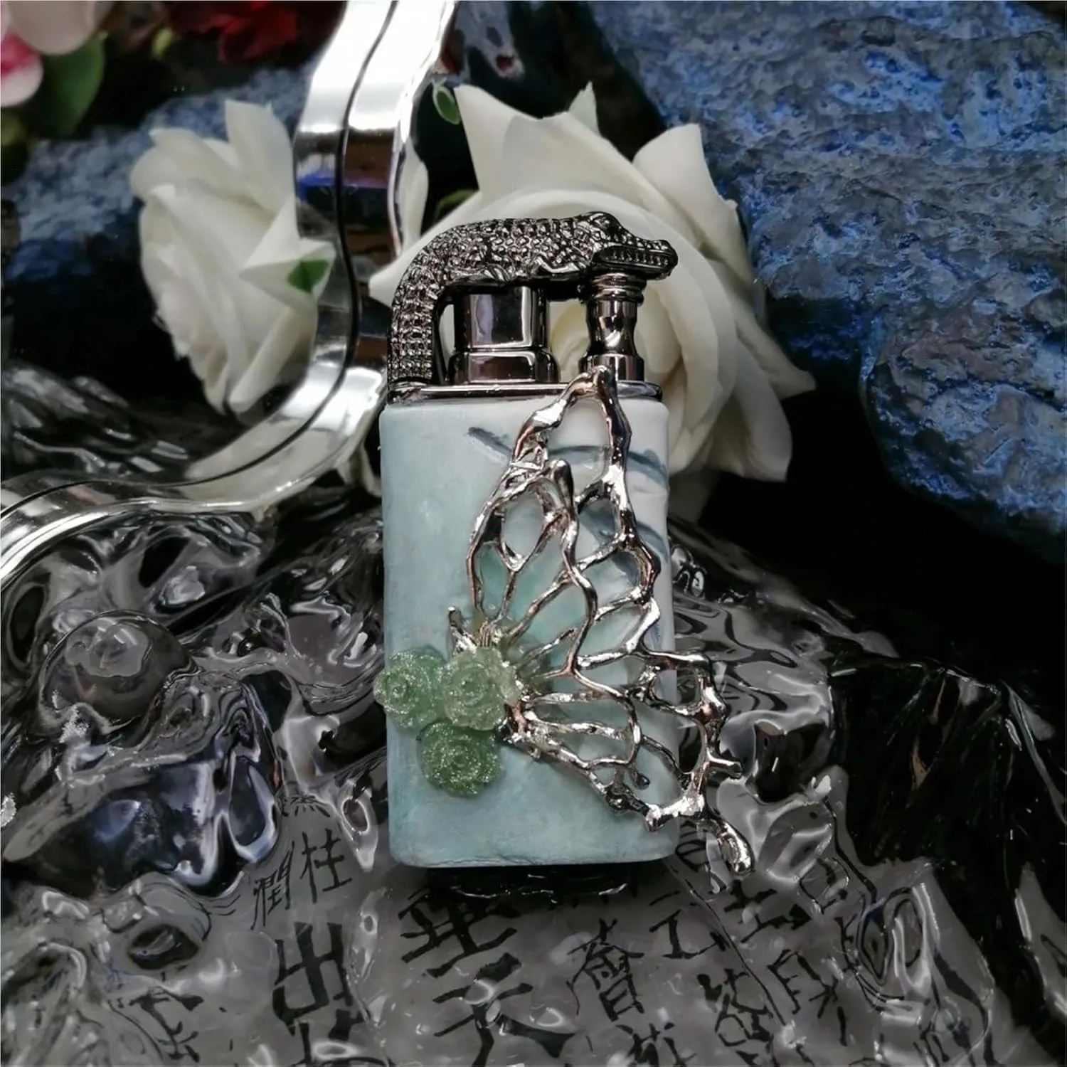 Vintage Style Dual Flame Butane Lighter - Handmade Embossed Butterfly Metal, Windproof Refillable and Adjustable for Candles, Home, Gifts (Fuel Not Included)(Blue2)