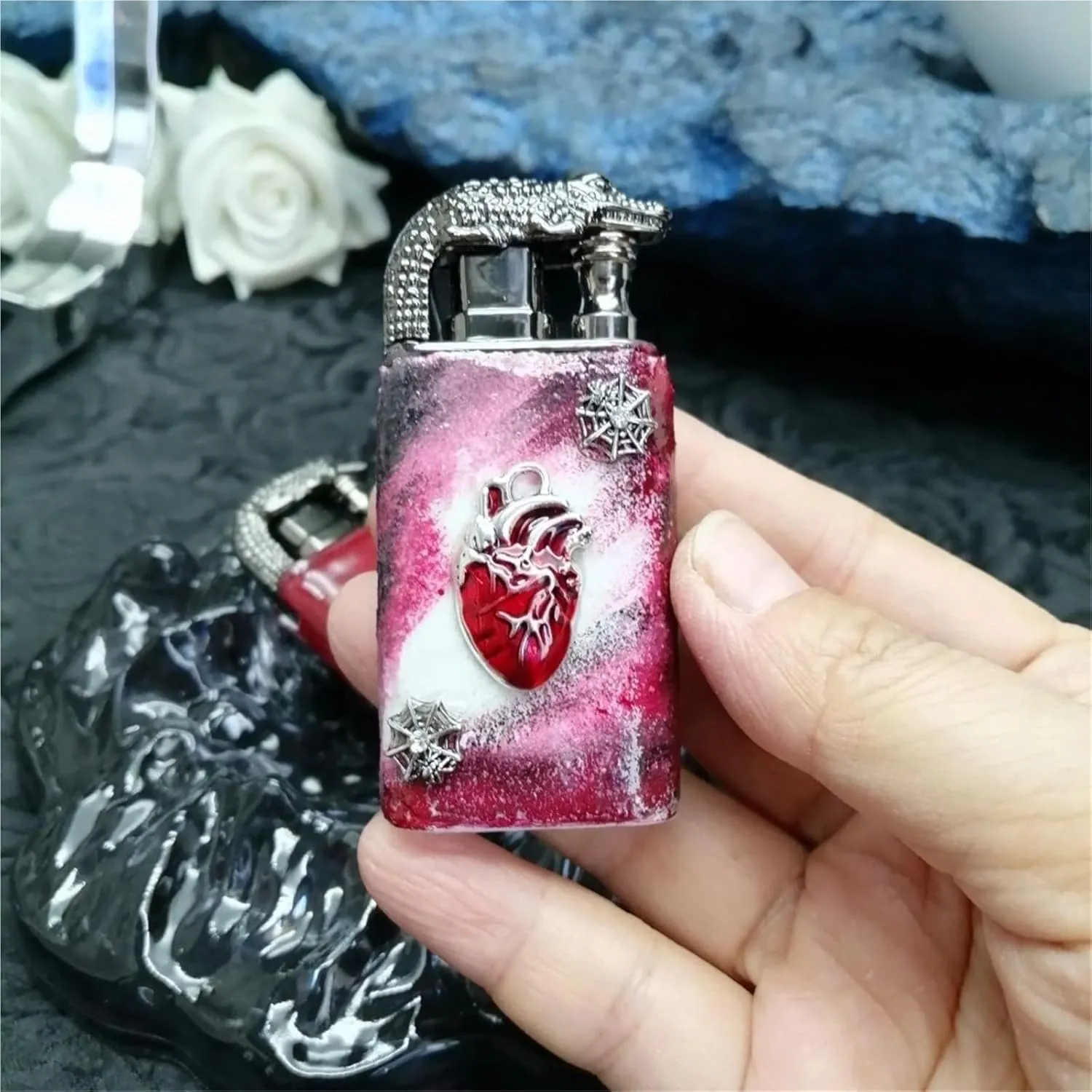 Vintage Style Dual Flame Butane Lighter - Handmade Embossed Butterfly Metal, Windproof Refillable and Adjustable for Candles, Home, Gifts (Fuel Not Included)(Blue2)