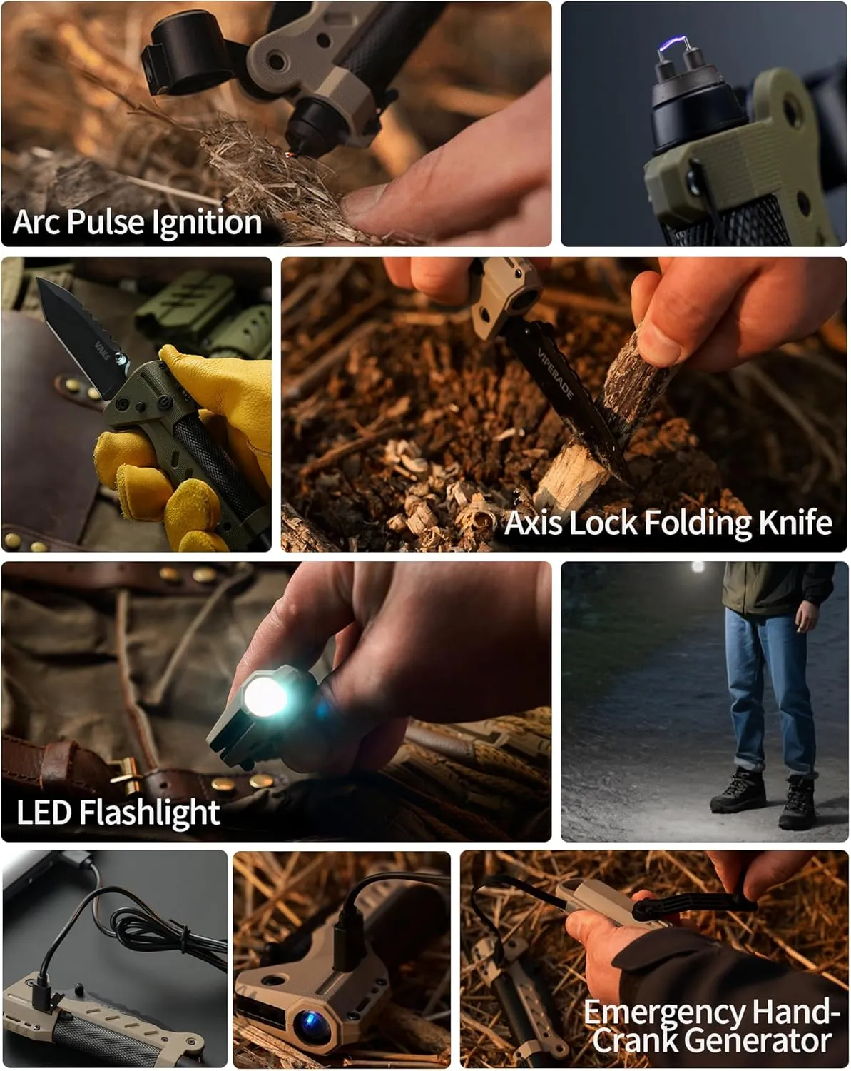 VIPERADE VAK6 Survival Multitool with Folding Knife, LED Flashlight, Pulse Ignition and Hand Crank Generator, Camping Multitool Knife Rechargeable Flashlight with Belt Sheath (Beige)