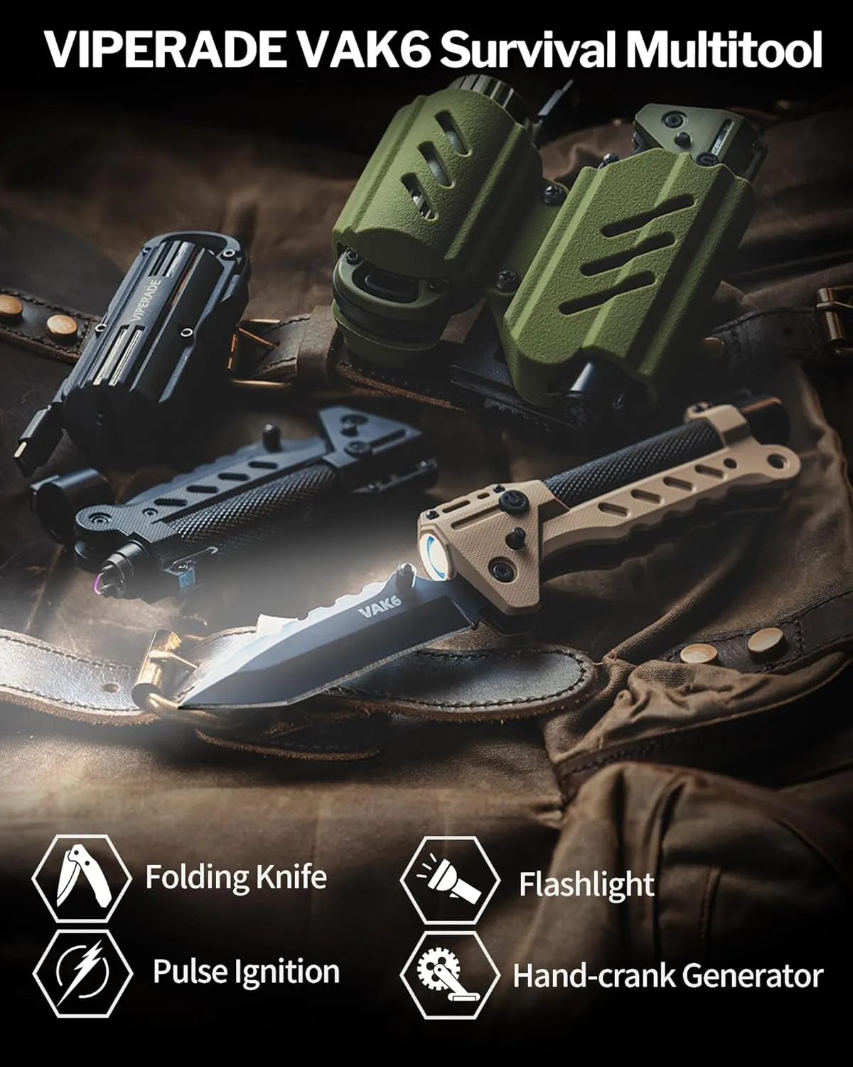 VIPERADE VAK6 Survival Multitool with Folding Knife, LED Flashlight, Pulse Ignition and Hand Crank Generator, Camping Multitool Knife Rechargeable Flashlight with Belt Sheath (Beige)