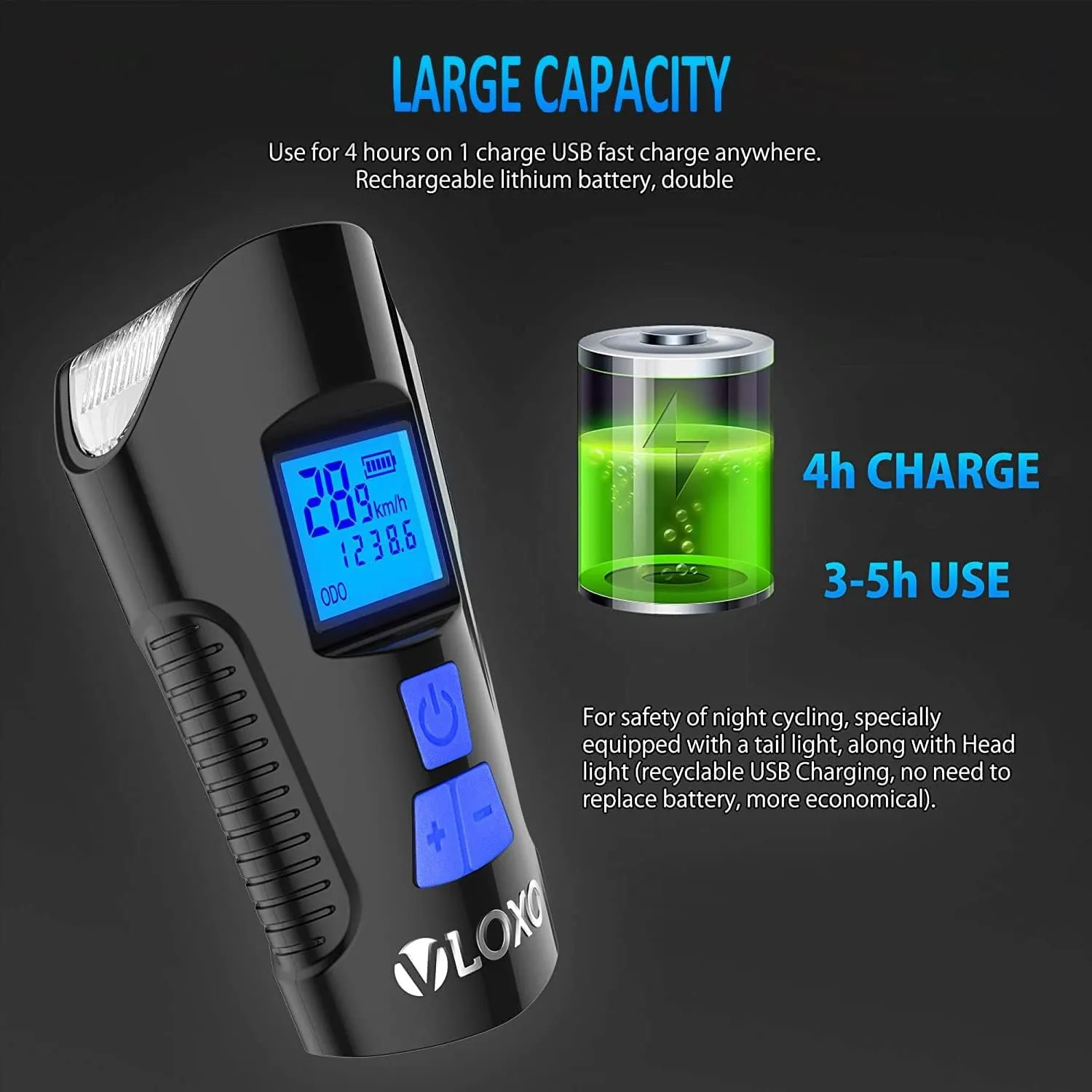 VLOXO Bike Speedometer with Bike Light Set, IPX7 Waterproof Bicycle Computer with Horn LED Front & Tail Light, USB Rechargeable