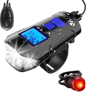 VLOXO Bike Speedometer with Bike Light Set, IPX7 Waterproof Bicycle Computer with Horn LED Front & Tail Light, USB Rechargeable