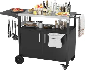 Vongrasig Grill Cart with Storage, BBQ Cart Outdoor Grill Table Stand Patio Kitchen Island with Wheels for Blackstone Griddle/Pizza Oven, Storage Cabinet, Foldable Tabletop, Black
