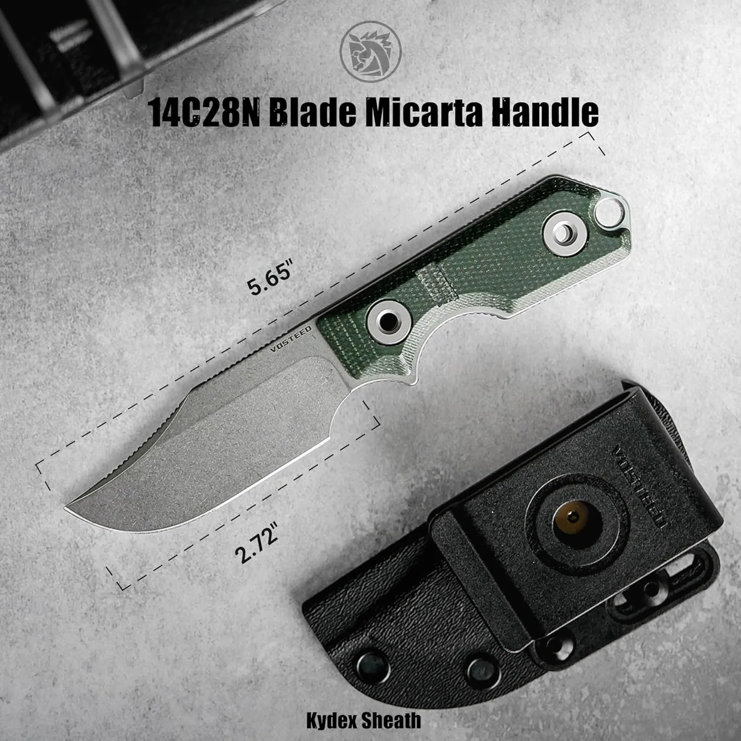 Vosteed Quokka EDC Fixed Blade Knife - 2.72" 14C28N Blade with Sheath, Green Micarta Handle with S.O.A.R. Clip for Camping Survival Knives - D0601