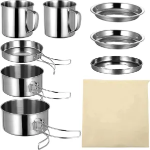 Wakauto Portable Plate Camping Cookware Set Stainless Steel Pan Handle 8pcs Cooking Tool Set for Outdoor Picnic Hiking