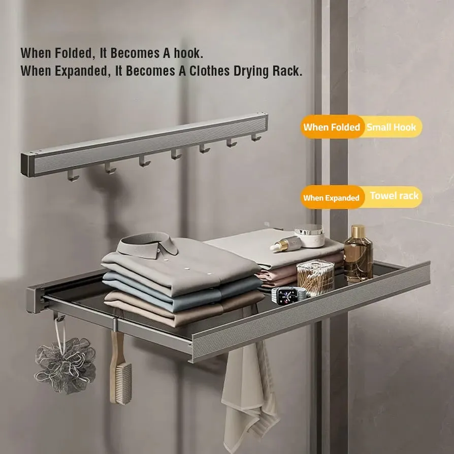 Wall-Mounted Foldable Drying Rack, Telescopic Cloth Drying Mesh Shelf, Organizer Rack With Hooks