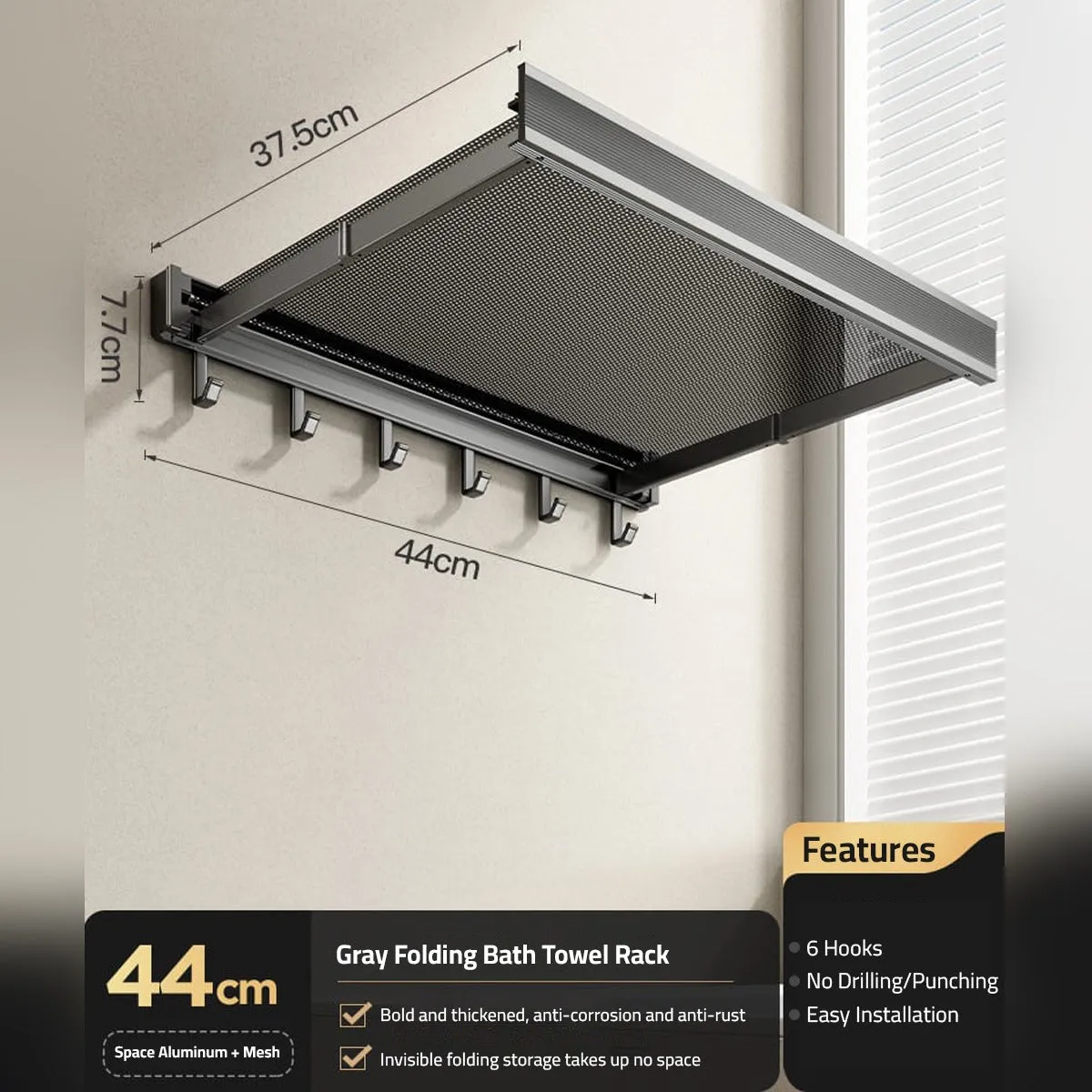 Wall-Mounted Foldable Drying Rack, Telescopic Cloth Drying Mesh Shelf, Organizer Rack With Hooks