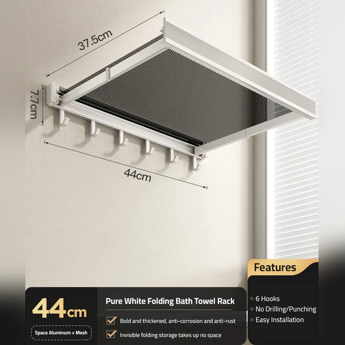 Wall-Mounted Foldable Drying Rack, Telescopic Cloth Drying Mesh Shelf, Organizer Rack With Hooks