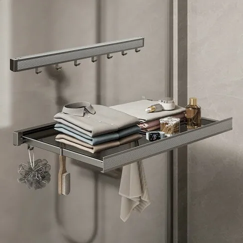 Wall-Mounted Foldable Drying Rack, Telescopic Cloth Drying Mesh Shelf, Organizer Rack With Hooks
