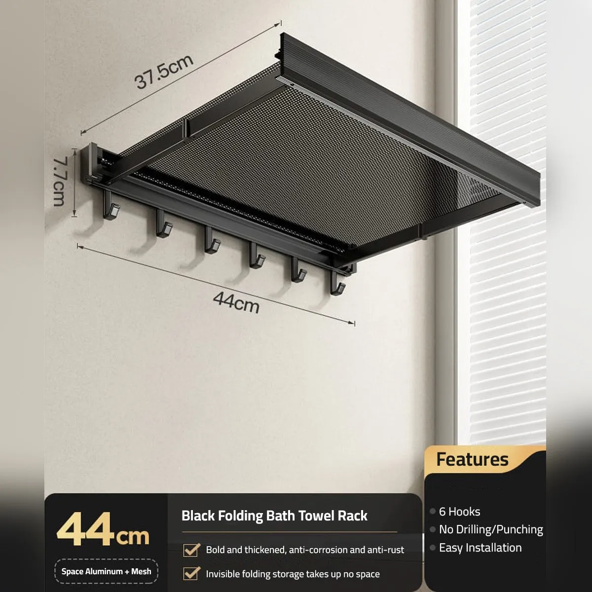 Wall-Mounted Foldable Drying Rack, Telescopic Cloth Drying Mesh Shelf, Organizer Rack With Hooks