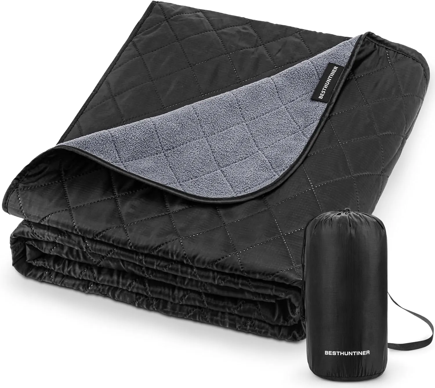 Warm Fleece Quilted Blanket, Black, X Large, Waterproof, Thermal, Versatile, Perfect for Camping, Hiking, Travel, Car Blanket
