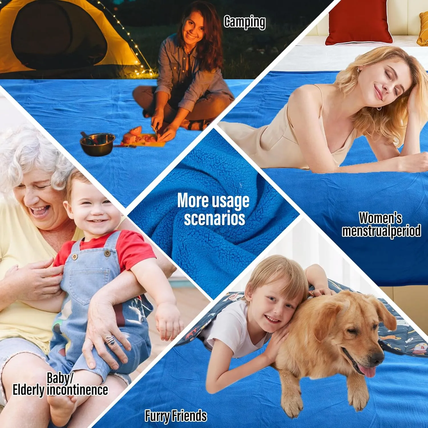 Waterproof Blanket for Bed, 80"x90" Leak-Proof Design, Reversible & Washable King Size Waterproof Blanket, Large Water Resistant Blankets, Reusable (Blue/Warm White)