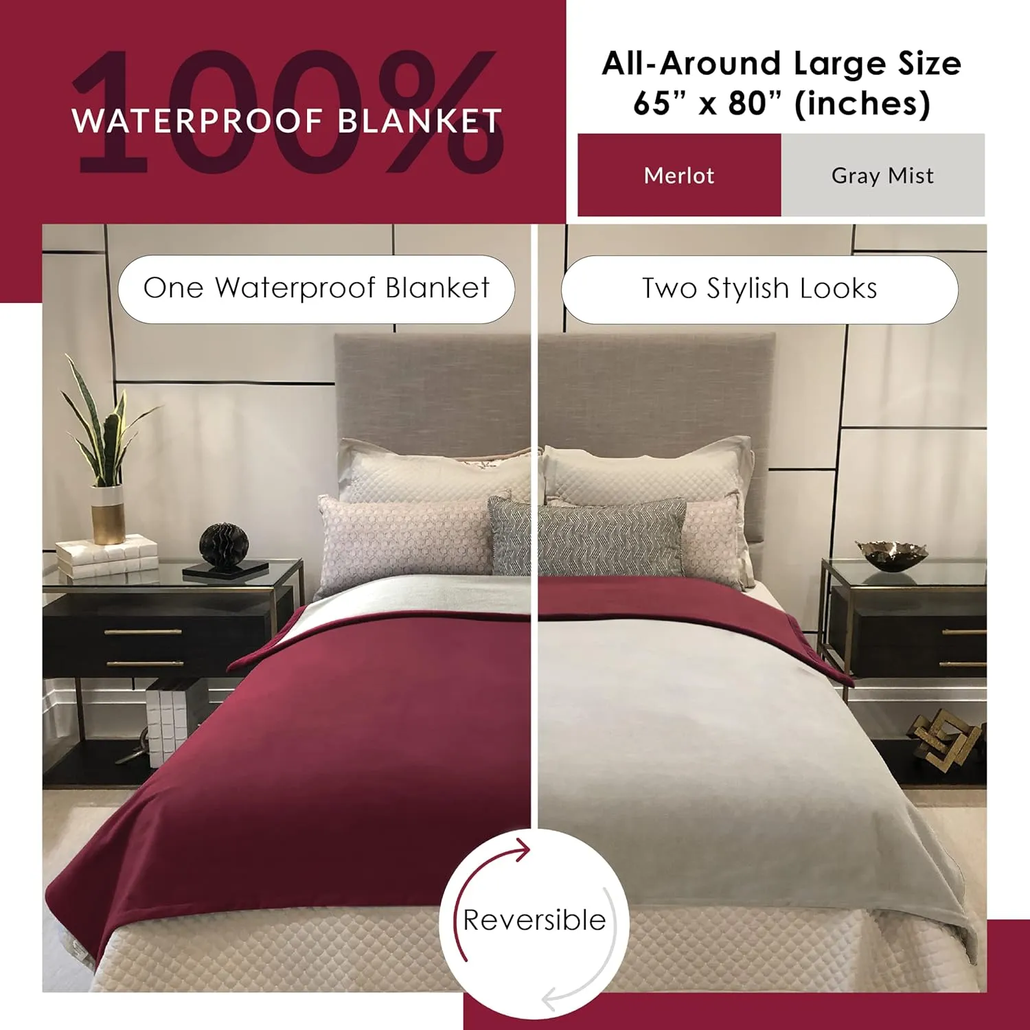 Waterproof Blanket for Indoors & Outdoors | Machine Washable, Multi-Purpose Throw to Protect your Bed Couch Car from Leaks Spills & Accidents | For Adults Dogs & Pets - Covers 65x80”, Merlot