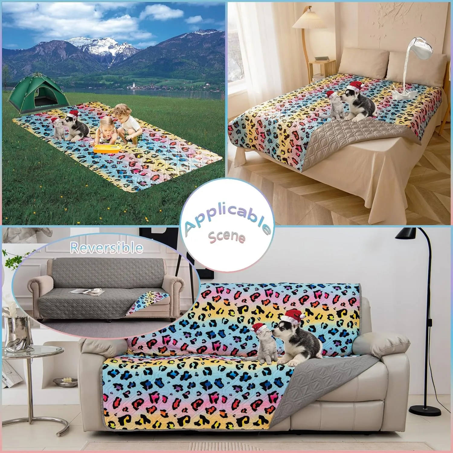 Waterproof Dog Bed Cover 86x82inch Reversible Pad Reusable Camping Mat for Kids/Pet/Dog/Cat Washable Geometric Embroidery Blanket Patchwork Rainbow Leopard Printed Gray
