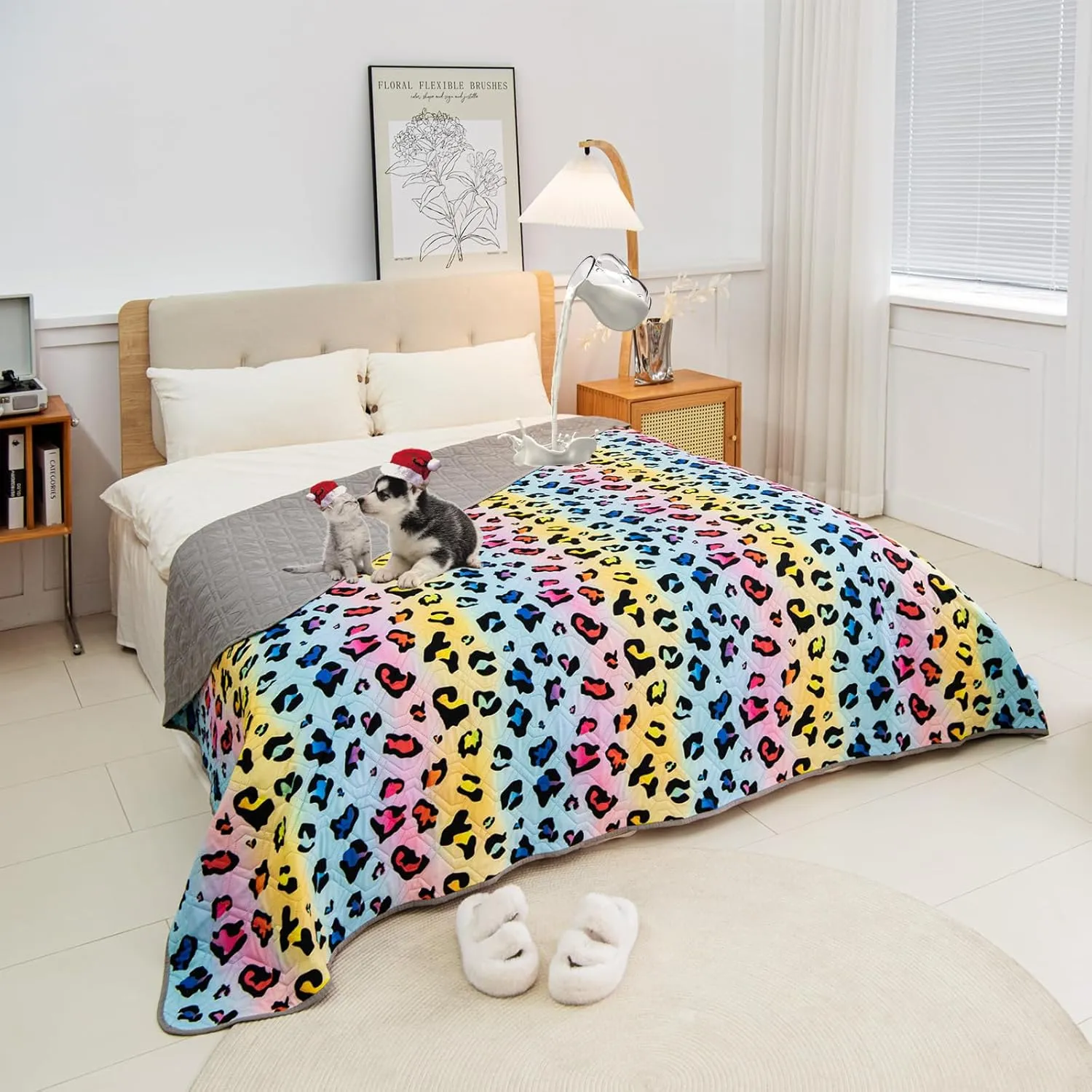 Waterproof Dog Bed Cover 86x82inch Reversible Pad Reusable Camping Mat for Kids/Pet/Dog/Cat Washable Geometric Embroidery Blanket Patchwork Rainbow Leopard Printed Gray