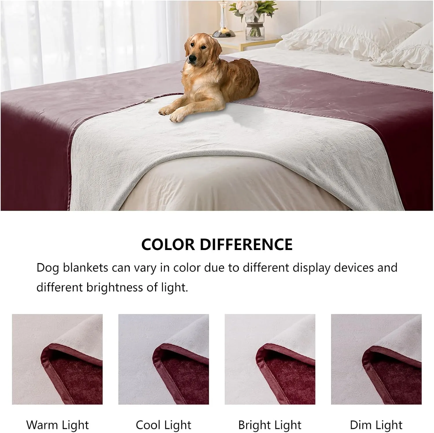 Waterproof Dog Blankets, Washable Pee Proof Pet Blanket for Couch, Soft Reversible Puppy Throw Furniture Protector Cover for Bed Sofa-52"x82",Burgundy Cream