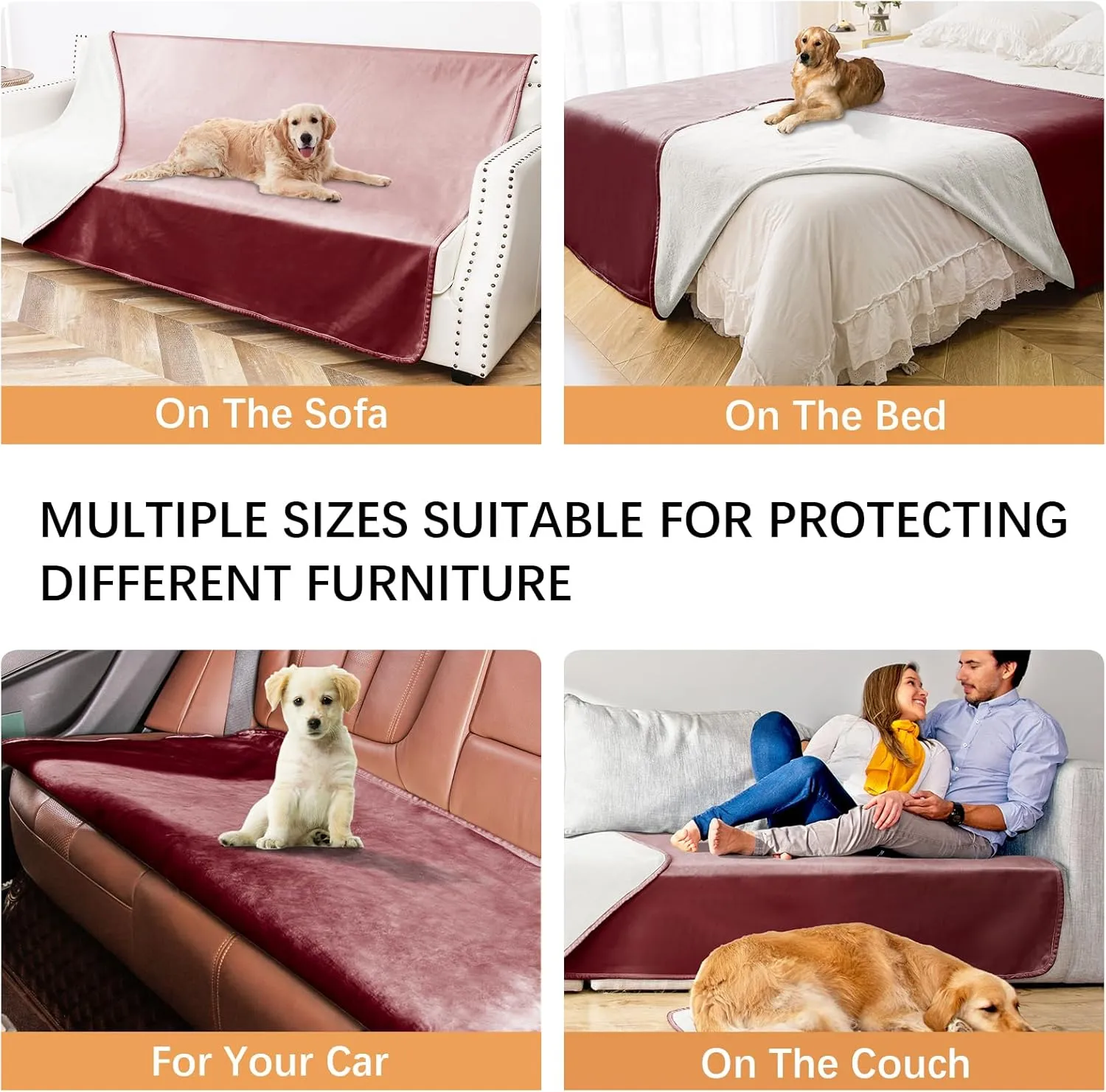 Waterproof Dog Blankets, Washable Pee Proof Pet Blanket for Couch, Soft Reversible Puppy Throw Furniture Protector Cover for Bed Sofa-52"x82",Burgundy Cream