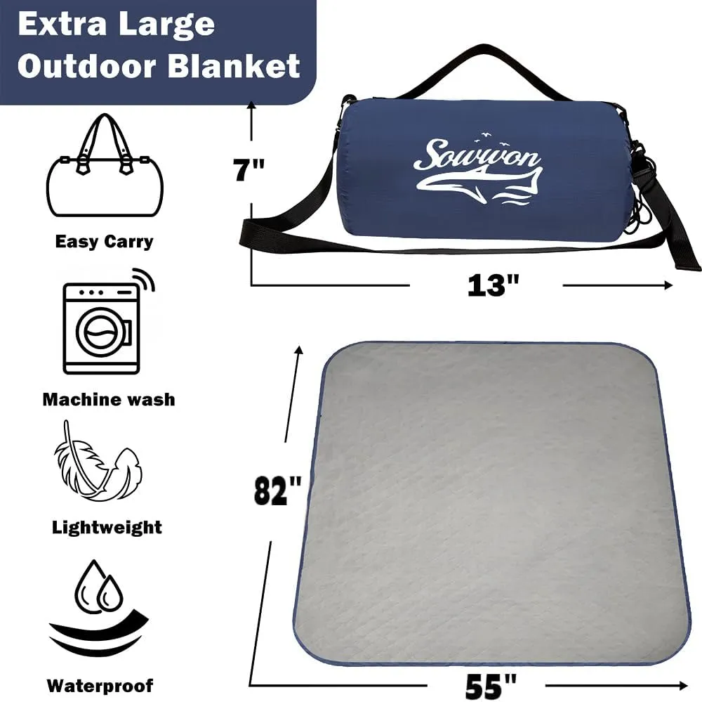 Waterproof Outdoor Blanket 82”X 55” Packable, Stadium Blankets for Camping with Quilted Fleece Lining, Large Windproof Emergency Throw Mat for Garss Picnic Hiking Road Trip, Machine Washable, Navy