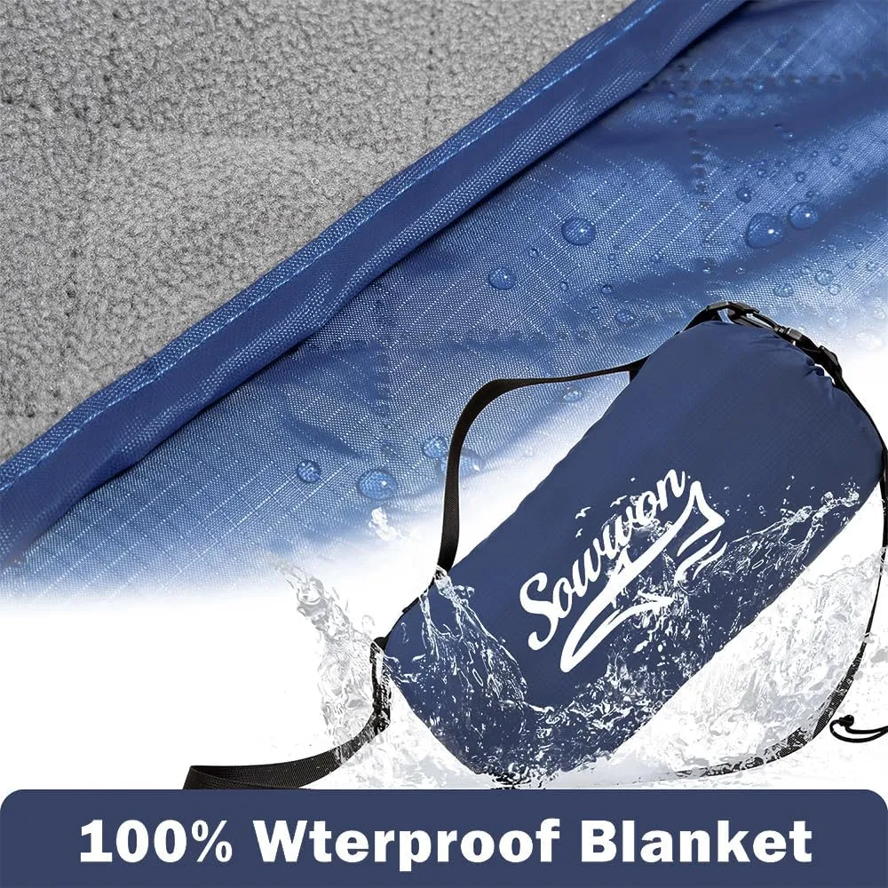 Waterproof Outdoor Blanket 82”X 55” Packable, Stadium Blankets for Camping with Quilted Fleece Lining, Large Windproof Emergency Throw Mat for Garss Picnic Hiking Road Trip, Machine Washable, Navy
