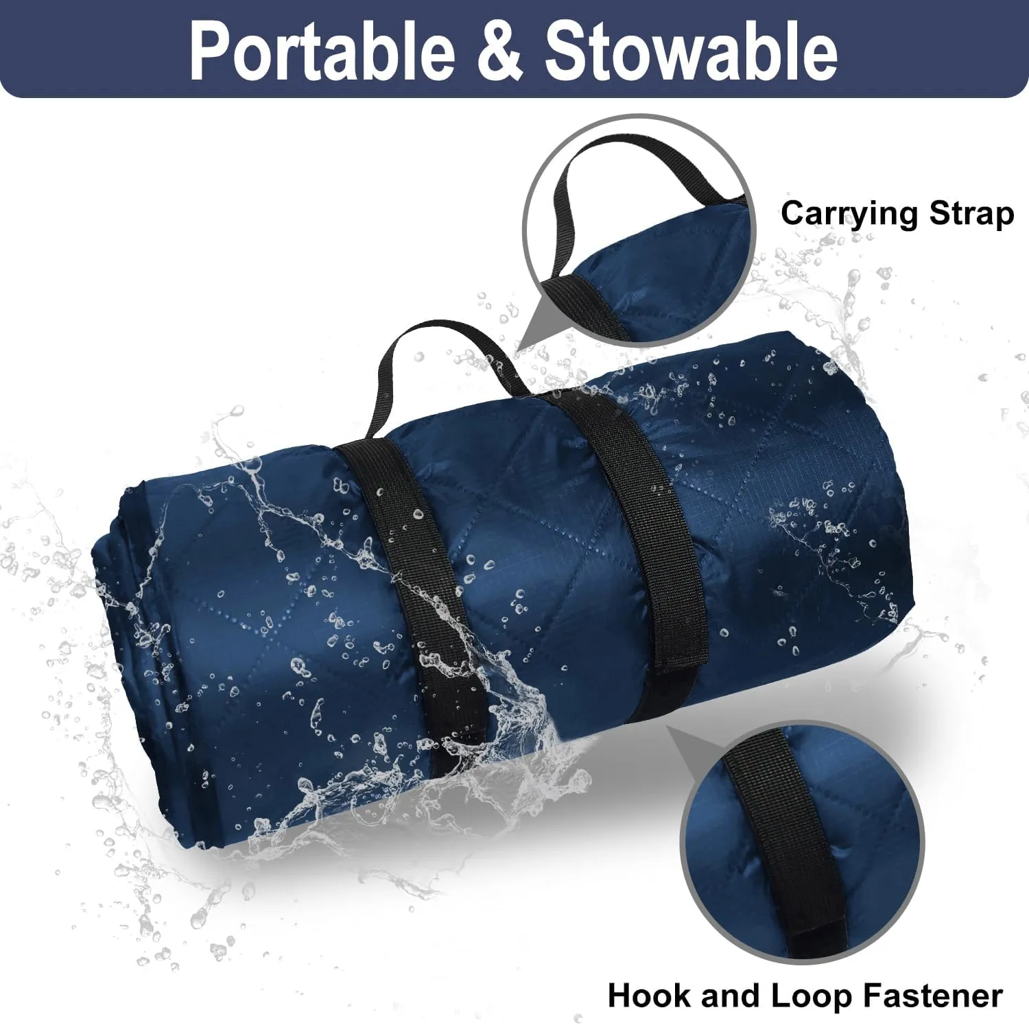 Waterproof Outdoor Blanket 82”X 55” Packable, Stadium Blankets for Camping with Quilted Fleece Lining, Large Windproof Emergency Throw Mat for Garss Picnic Hiking Road Trip, Machine Washable, Navy