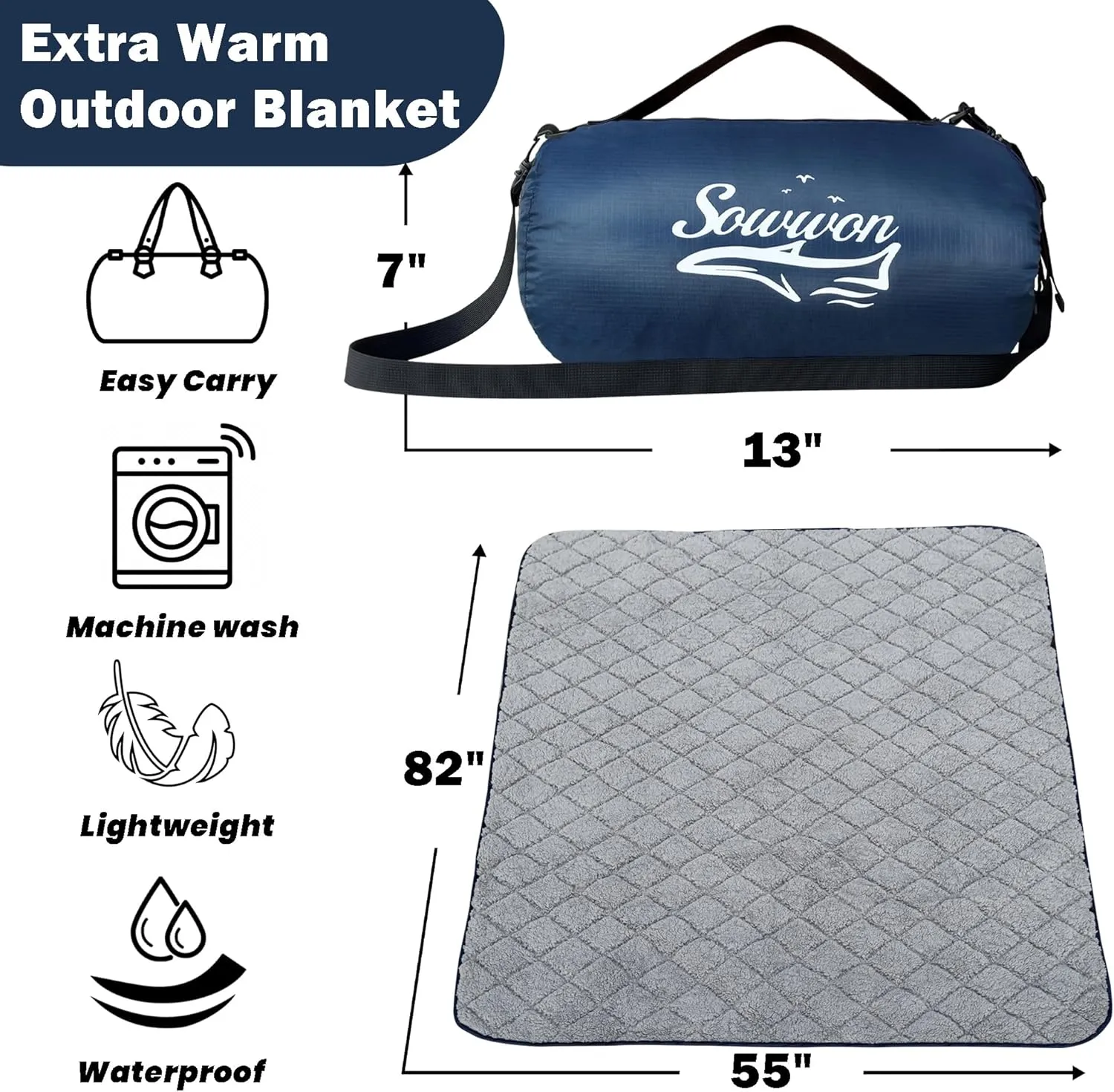 Waterproof Outdoor Blanket 82”X 55” Packable, Stadium Blankets for Camping with Sherpa Fleece Lining, Large Windproof Emergency Throw Mat for Garss Picnic Hiking Road Trip, Machine Washable, Navy