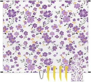 Waterproof Sandproof Beach Blanket, 59''×68'' Purple Flower Vine Polyester Outdoor Picnic Blanket with 4 Stakes & Storage Bag for Beach,Camping,Vacation White
