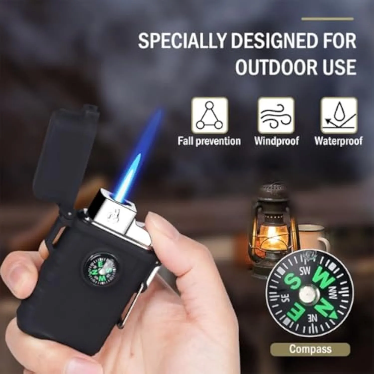 Waterproof, Windproof, Refillable Butane Gas Lighters with Compass, for Outdoor Survival, Camping, Hiking, Grill Candle Family Use(Black)