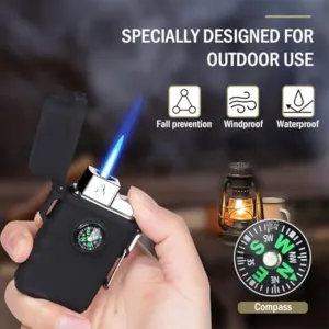Waterproof, Windproof, Refillable Butane Gas Lighters with Compass, for Outdoor Survival, Camping, Hiking, Grill Candle Family Use(Black)