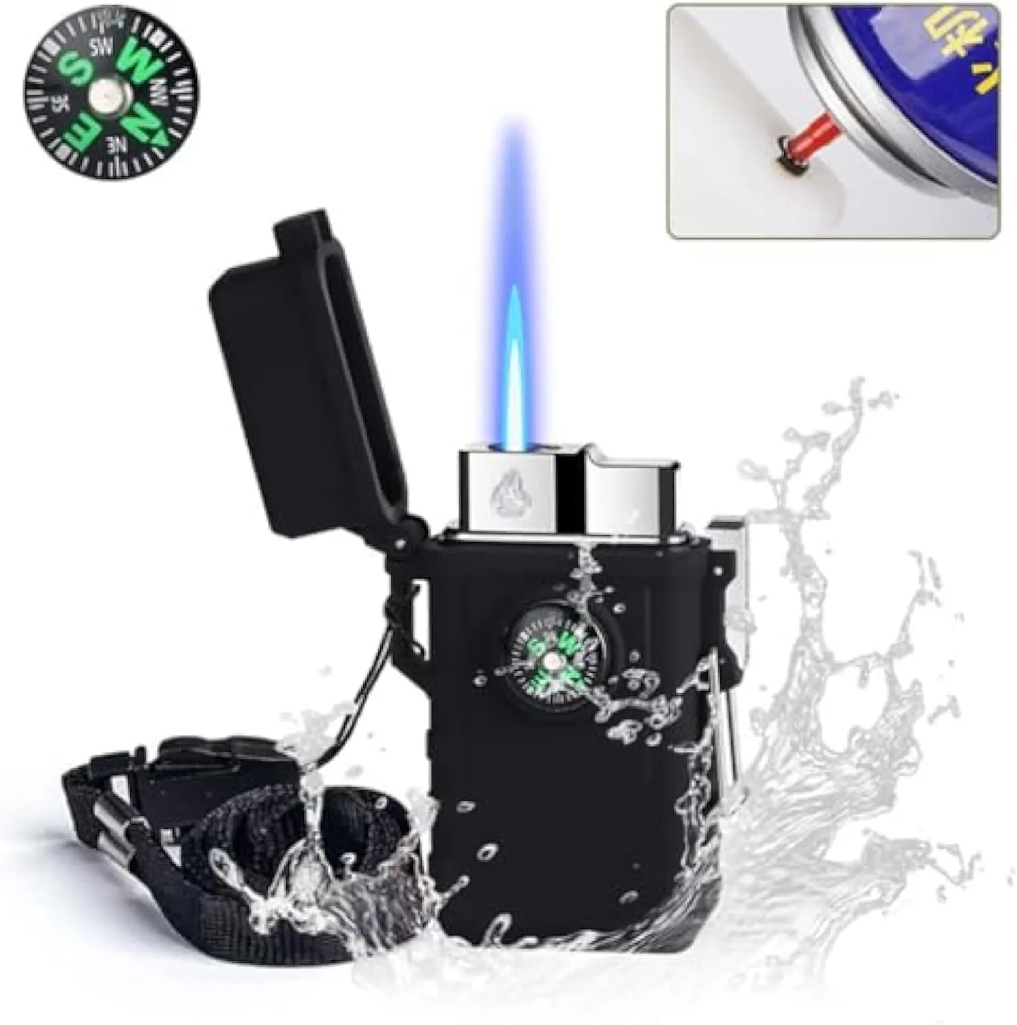 Waterproof, Windproof, Refillable Butane Gas Lighters with Compass, for Outdoor Survival, Camping, Hiking, Grill Candle Family Use(Black)
