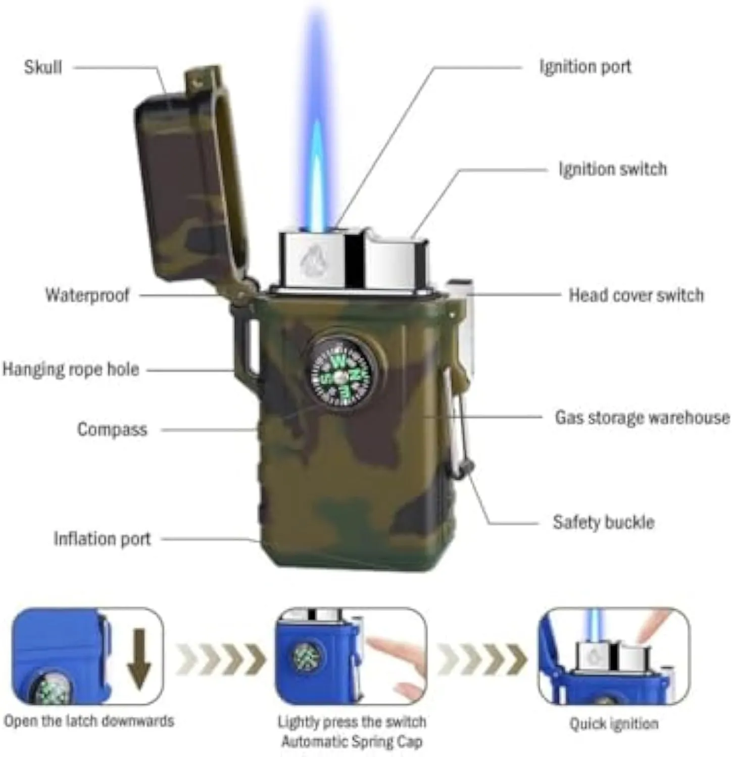 Waterproof, Windproof, Refillable Butane Gas Lighters with Compass, for Outdoor Survival, Camping, Hiking, Grill Candle Family Use(Black)