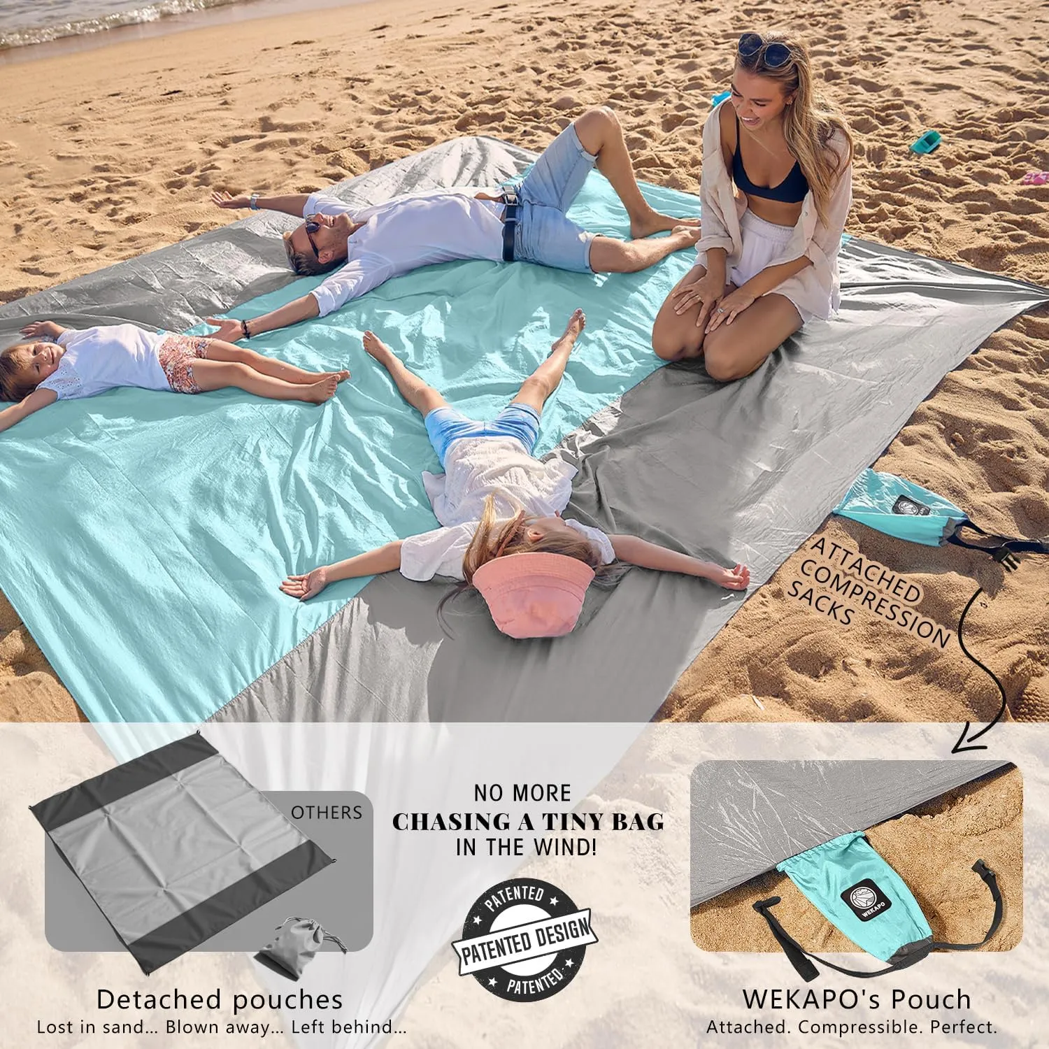 WEKAPO Beach Blanket Sandproof Waterproof, Extra Large Beach Mat, Oversized & Compact Sand Free Mat Quick Drying, Lightweight & Durable with 6 Stakes & 4 Corner Pockets