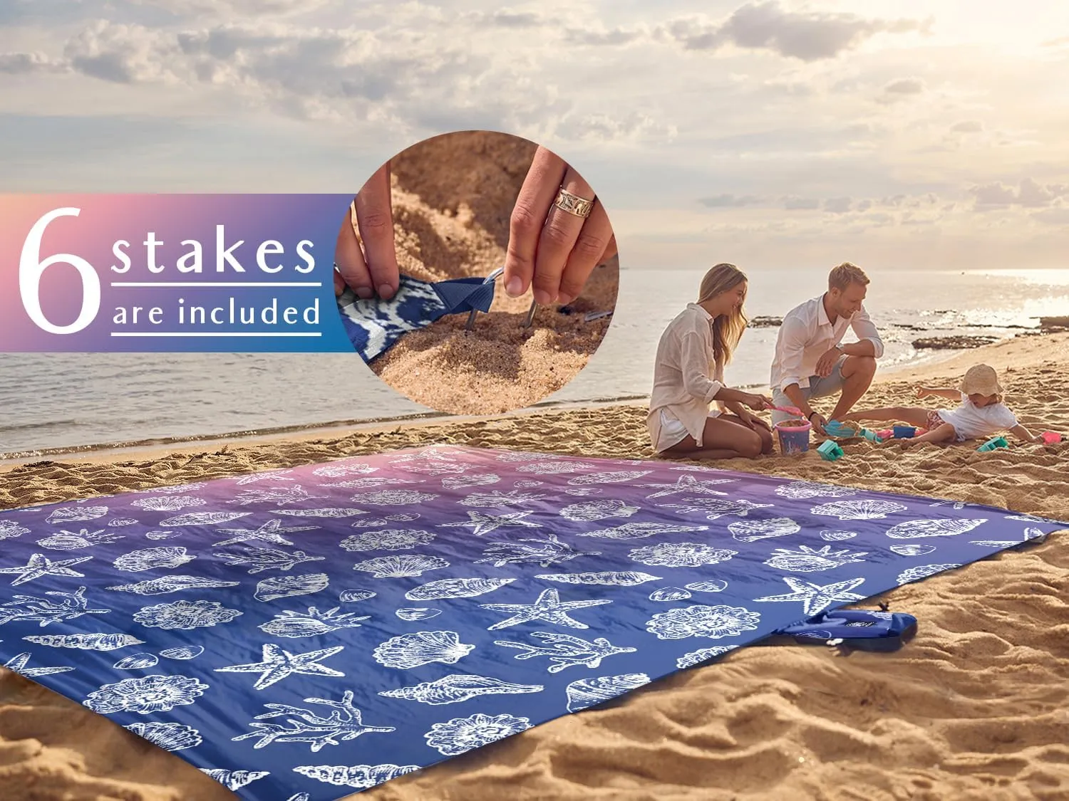 WEKAPO Beach Blanket Waterproof Sandproof & Sand-Free Beach Mat with Stakes & Built-in Storage Bag – Oversized, Extra Large, Perfect for Outdoor (Deep Blue Sea Shells, 11 X 9 FT (1~10 Person))