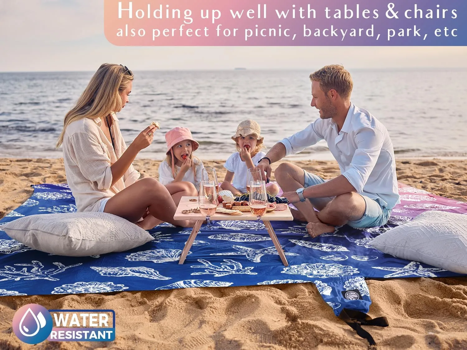 WEKAPO Beach Blanket Waterproof Sandproof & Sand-Free Beach Mat with Stakes & Built-in Storage Bag – Oversized, Extra Large, Perfect for Outdoor (Deep Blue Sea Shells, 11 X 9 FT (1~10 Person))