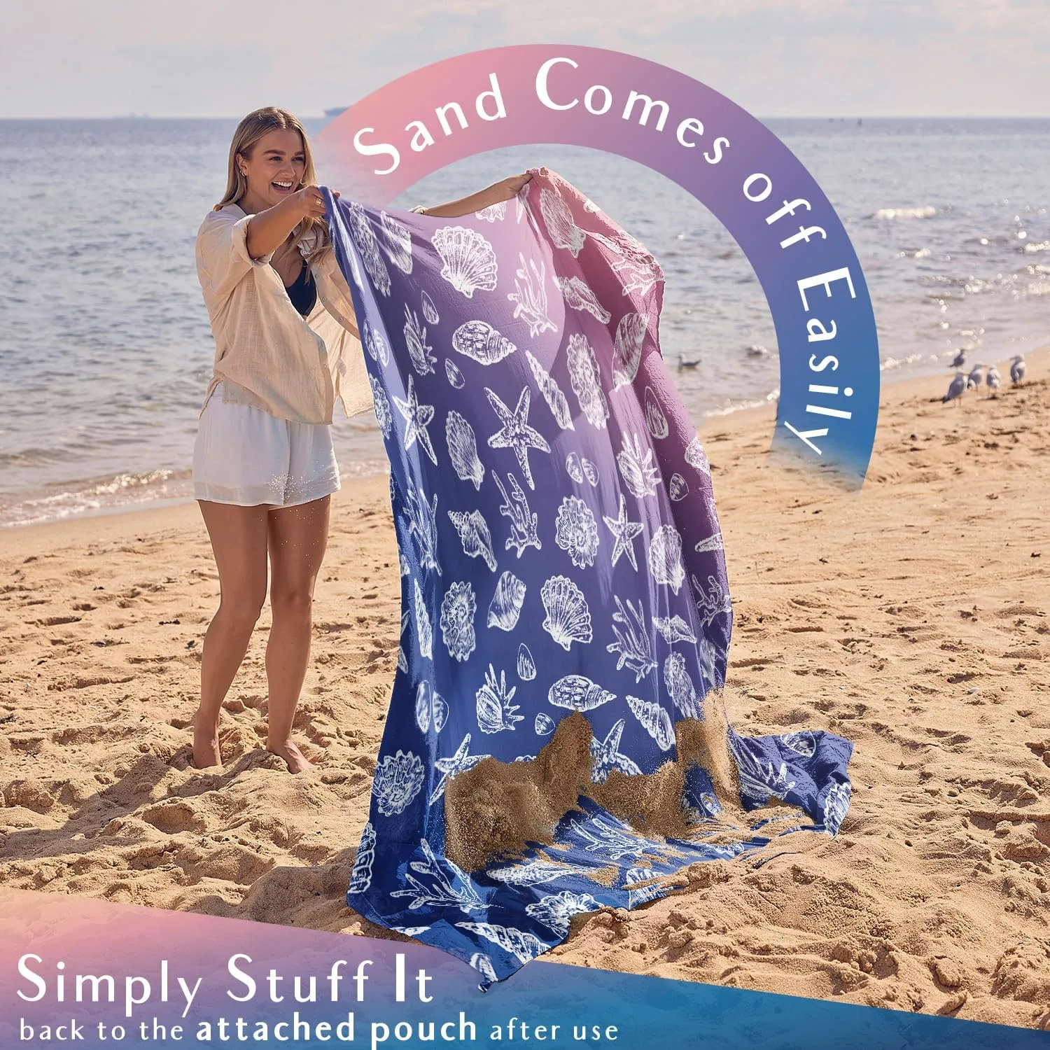 WEKAPO Beach Blanket Waterproof Sandproof & Sand-Free Beach Mat with Stakes & Built-in Storage Bag – Oversized, Extra Large, Perfect for Outdoor (Deep Blue Sea Shells, 11 X 9 FT (1~10 Person))