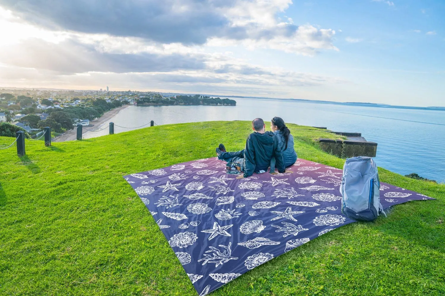 WEKAPO Beach Blanket Waterproof Sandproof & Sand-Free Beach Mat with Stakes & Built-in Storage Bag – Oversized, Extra Large, Perfect for Outdoor (Deep Blue Sea Shells, 11 X 9 FT (1~10 Person))