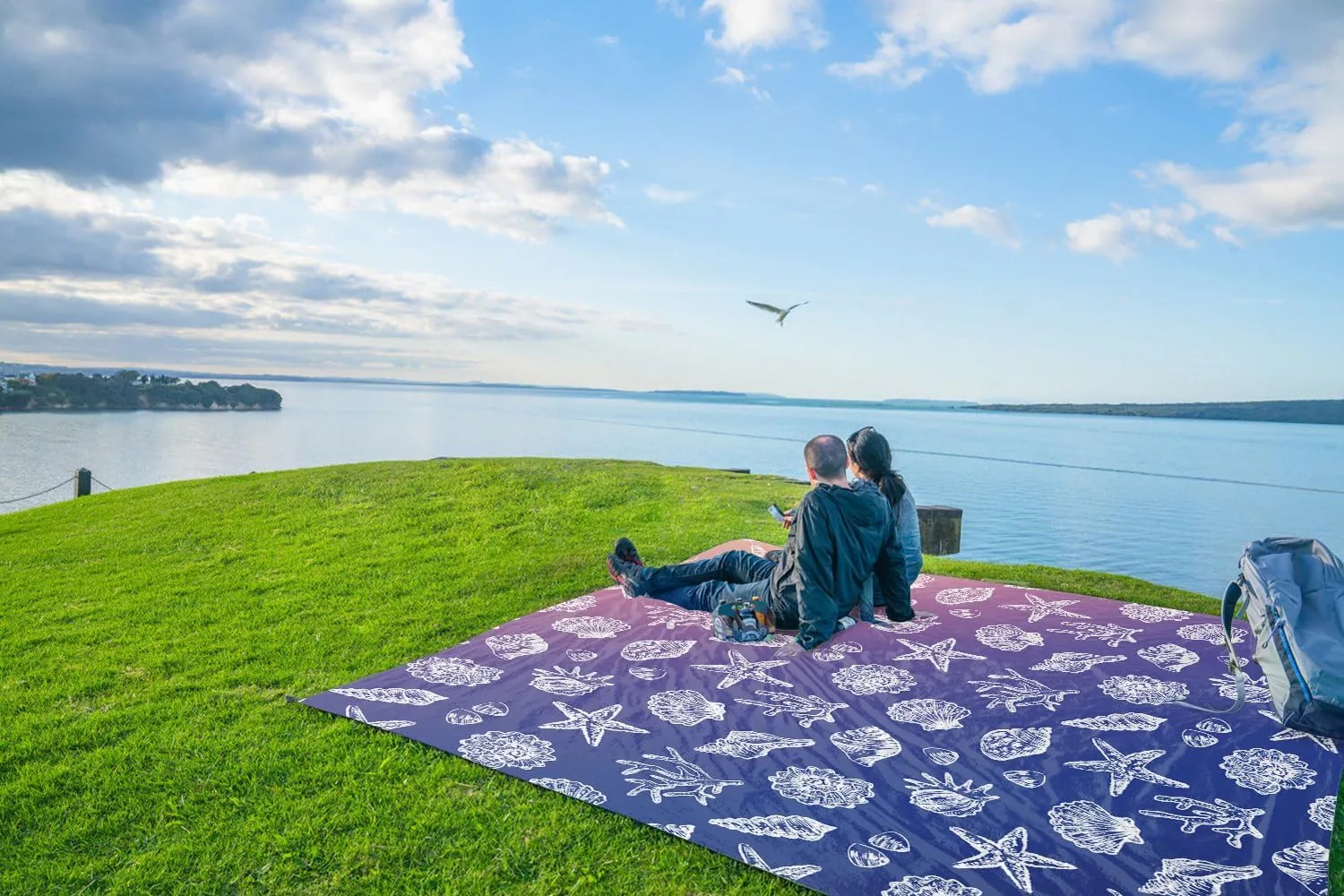 WEKAPO Beach Blanket Waterproof Sandproof & Sand-Free Beach Mat with Stakes & Built-in Storage Bag – Oversized, Extra Large, Perfect for Outdoor (Deep Blue Sea Shells, 11 X 9 FT (1~10 Person))
