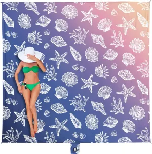 WEKAPO Beach Blanket Waterproof Sandproof & Sand-Free Beach Mat with Stakes & Built-in Storage Bag – Oversized, Extra Large, Perfect for Outdoor (Deep Blue Sea Shells, 11 X 9 FT (1~10 Person))