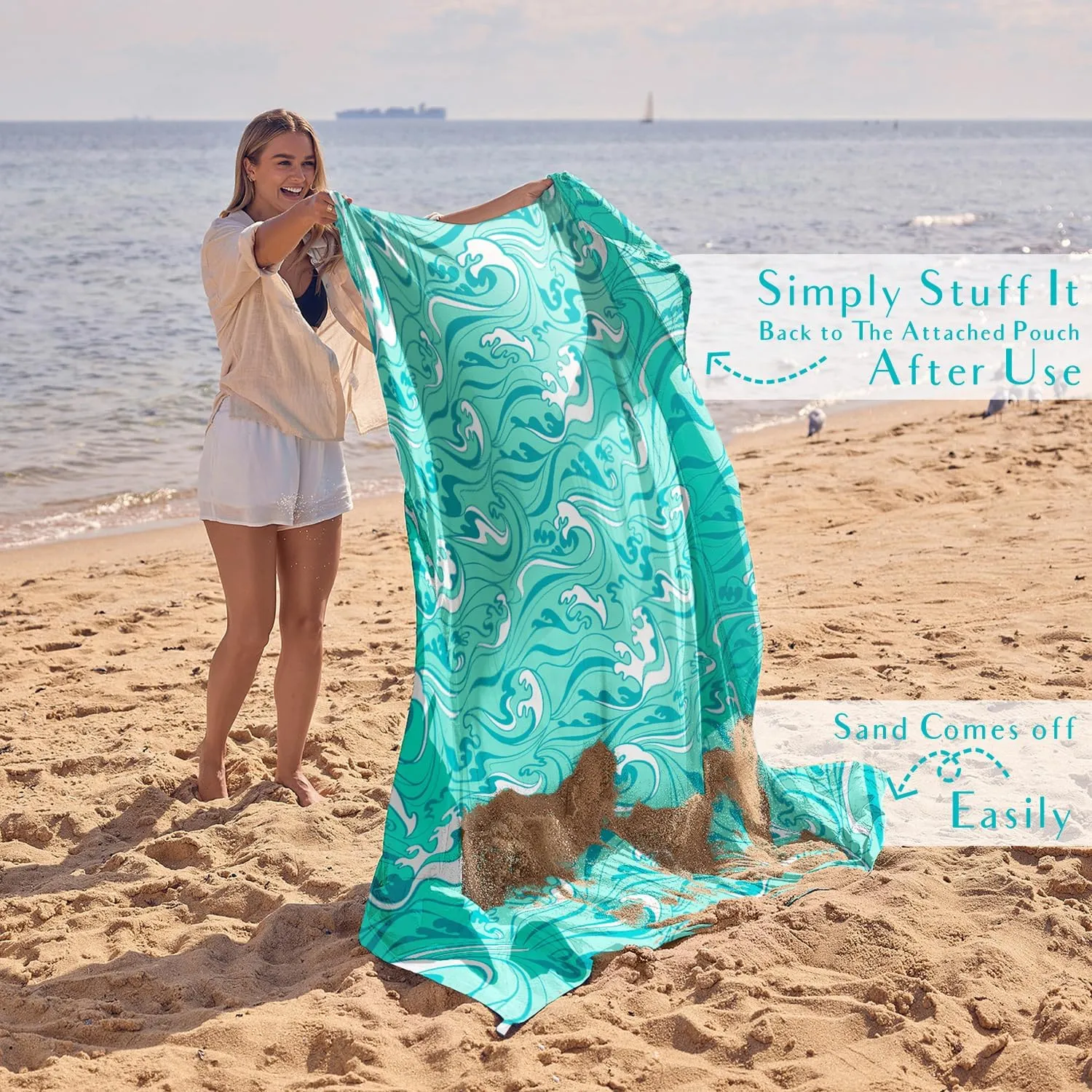 WEKAPO Beach Blanket Waterproof Sandproof Oversized Extra Large Sand Free Beach Mat with Stakes, Storage Bag - Essentials for Outdoor Beach, Picnic (Turquoise Ocean Waves, 8 X 7 FT (1~4 Person))