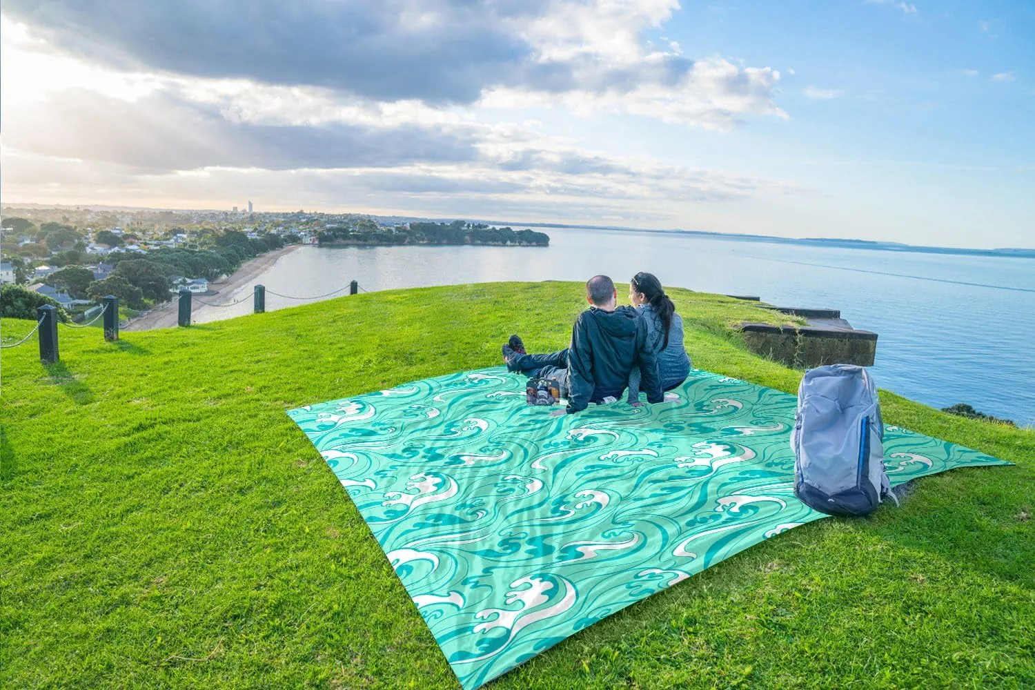 WEKAPO Beach Blanket Waterproof Sandproof Oversized Extra Large Sand Free Beach Mat with Stakes, Storage Bag - Essentials for Outdoor Beach, Picnic (Turquoise Ocean Waves, 8 X 7 FT (1~4 Person))